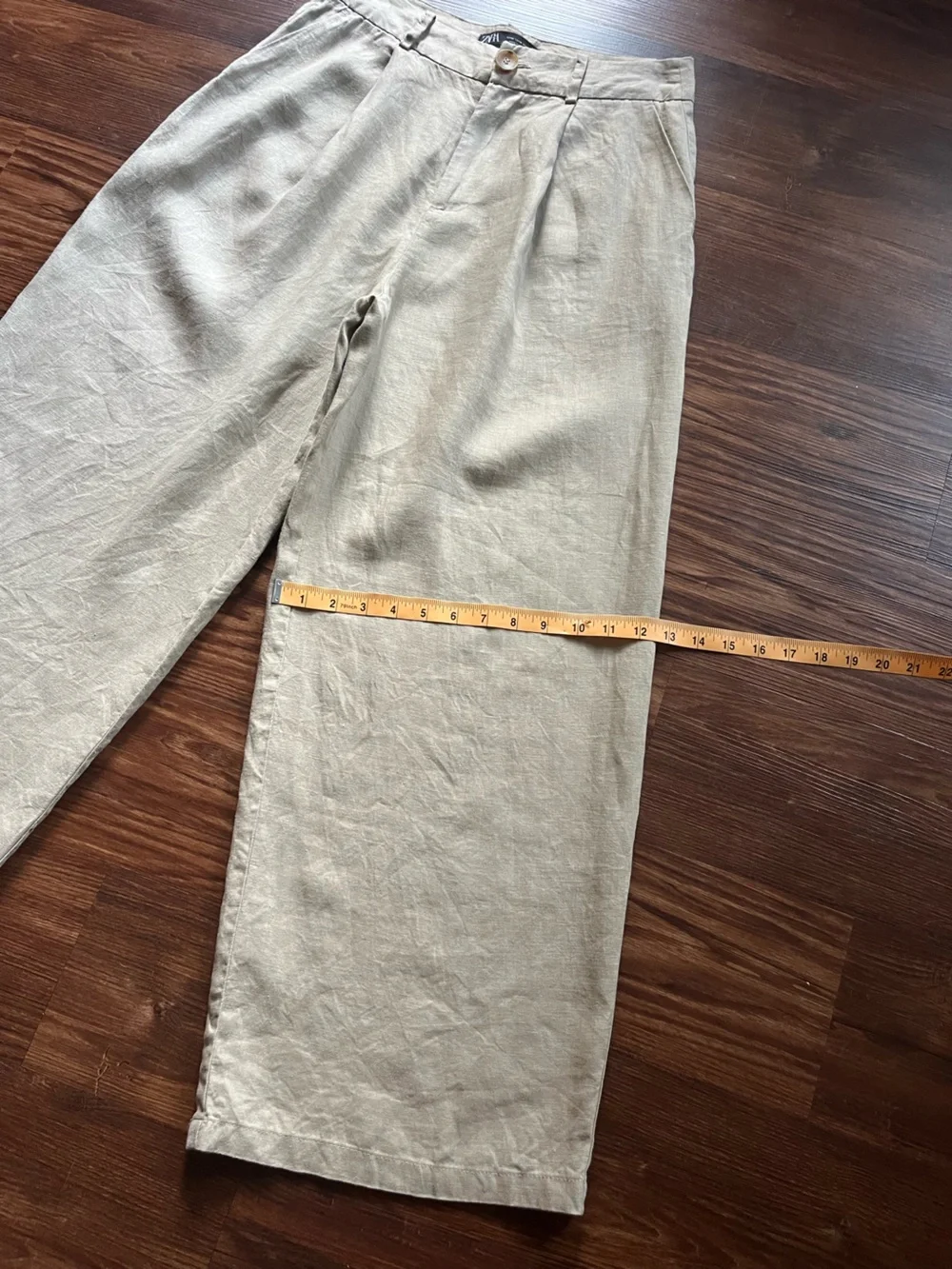 Zara Relaxed Linen Wide Leg Crop Trouser Pleat Front Pant Khaki Tan Size M
